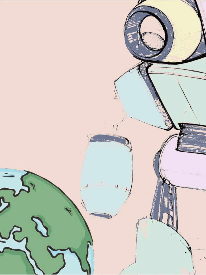 Tekening van een grote robot naast de aarde