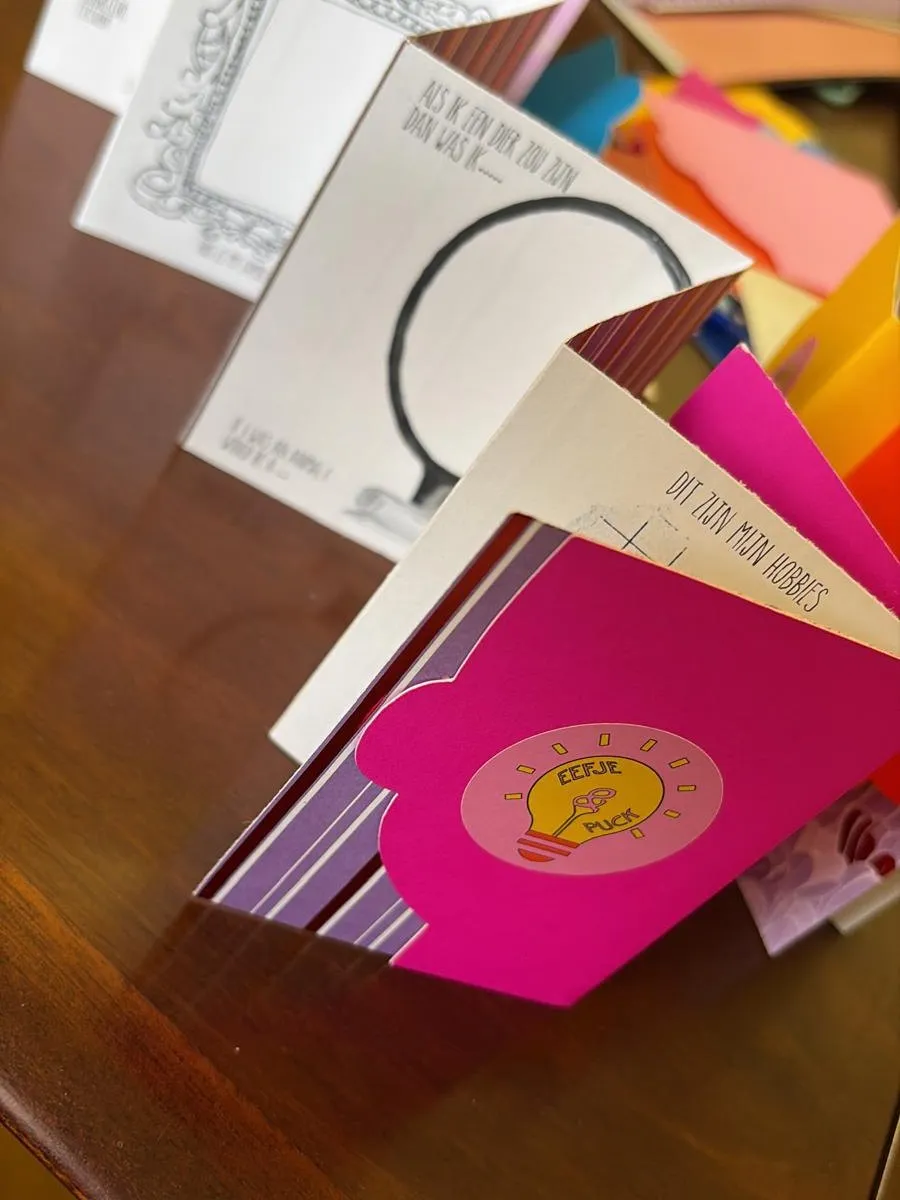 De zines met hun gezichtsvormige covers, uitgestald op een tafel