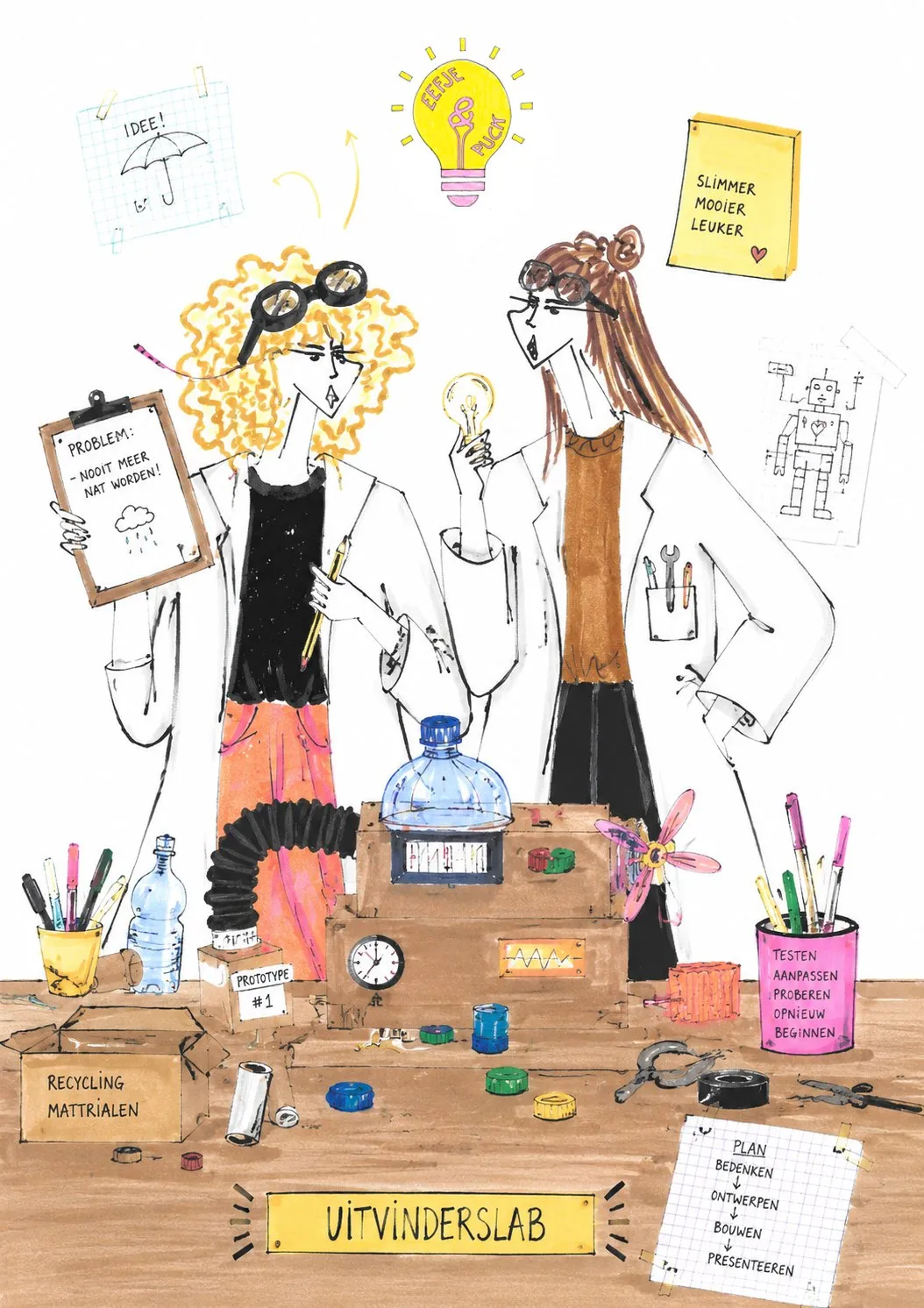 Tekening van Eefje en Puck in het Uitvinderslab, tussen prototypes, gereedschap en notities